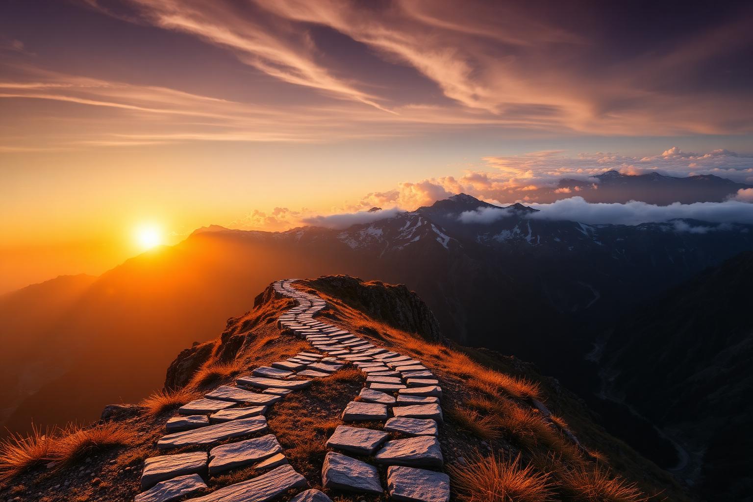 Stone path winding up a mountain ridge toward a golden sunrise